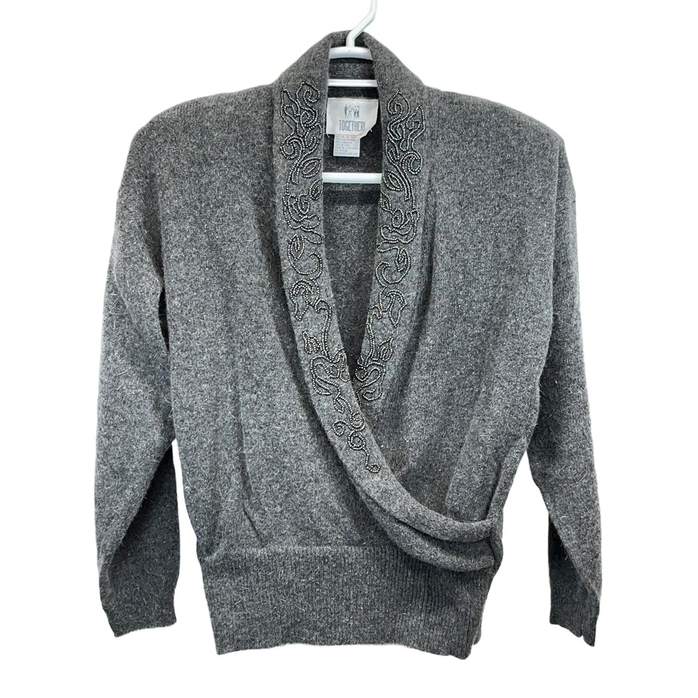 Together Women's Gray Speckled Wrap‎ Style Embellished V Neck Sweater Large